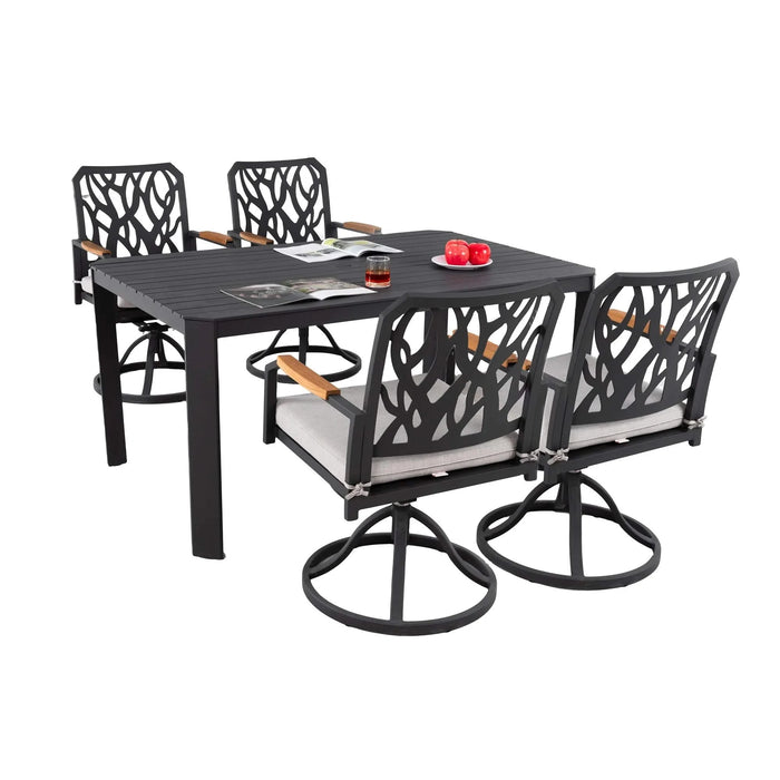 5PCs Outdoor Patio Aluminum Furniture Set, Modern Dining Set with 4 Swivel Rockers Sunbrella Fabric Cushioned, Nature-Inspired Branch-Like Backrest, Rectangular Table with Umbrella Hole, Bourbon Brown Default -DTYStore