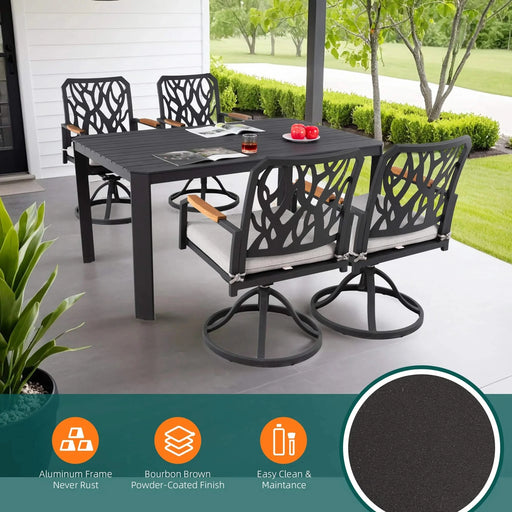 5PCs Outdoor Patio Aluminum Furniture Set, Modern Dining Set with 4 Swivel Rockers Sunbrella Fabric Cushioned, Nature-Inspired Branch-Like Backrest, Rectangular Table with Umbrella Hole, Bourbon Brown Default -DTYStore