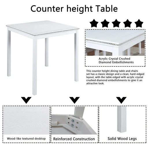 5 Piece Counter Height Table Set, Wooden Kitchen Table Set with Square Table and 4 Upholstered Chairs, Counter Height Dining Table with Crystal Decoration and Chair Set for Kitchen, Dining Room, White Default -DTYStore