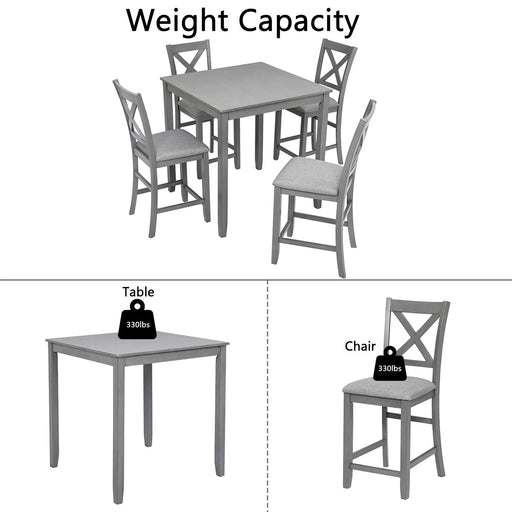 5 Piece Dining Table Set, Wooden Dining Square Table Set for 4, Counter Height Kitchen Table Set with Square Table and 4 Upholstered Chairs for Small Space, Gray Default -DTYStore