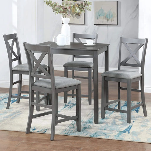 5 Piece Dining Table Set, Wooden Dining Square Table Set for 4, Counter Height Kitchen Table Set with Square Table and 4 Upholstered Chairs for Small Space, Gray Default -DTYStore