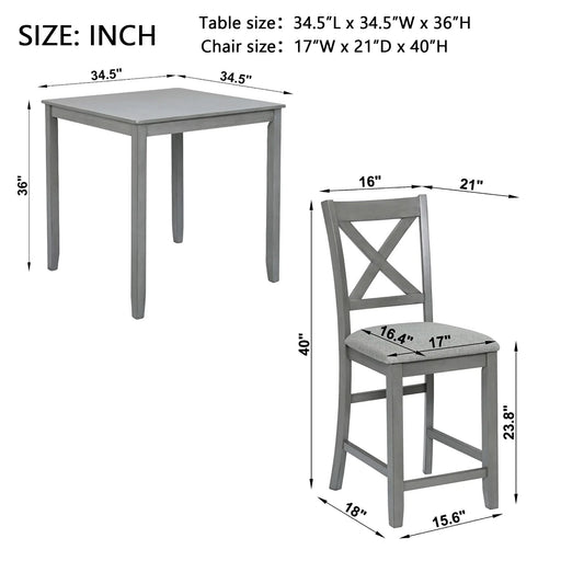 5 Piece Dining Table Set, Wooden Dining Square Table Set for 4, Counter Height Kitchen Table Set with Square Table and 4 Upholstered Chairs for Small Space, Gray Default -DTYStore