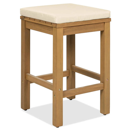 5 Piece Outdoor Bar Set, Patio Acacia Wood Bar Height Table & Four Stools with Cushions, Wood Dining Bar Set for Backyard, Poolside, Balcony, Beige Default -DTYStore