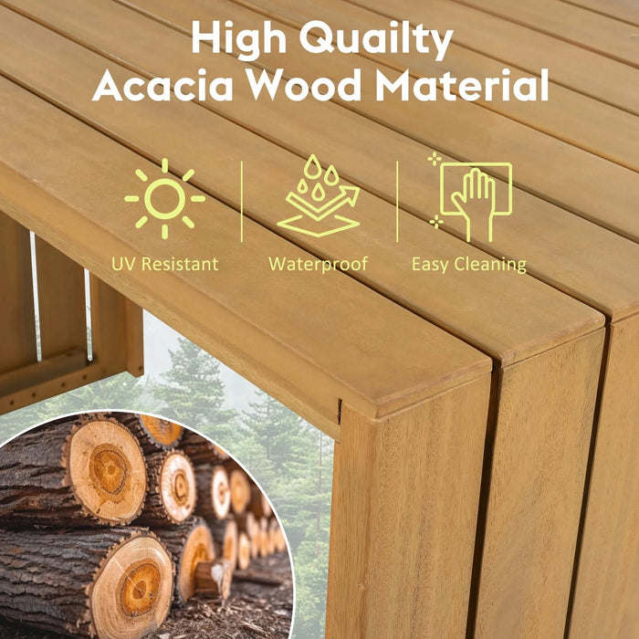 5 Piece Outdoor Bar Set, Patio Acacia Wood Bar Height Table & Four Stools with Cushions, Wood Dining Bar Set for Backyard, Poolside, Balcony, Beige Default -DTYStore