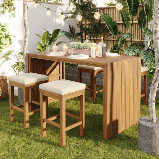 5 Piece Outdoor Bar Set, Patio Acacia Wood Bar Height Table & Four Stools with Cushions, Wood Dining Bar Set for Backyard, Poolside, Balcony, Beige Default -DTYStore