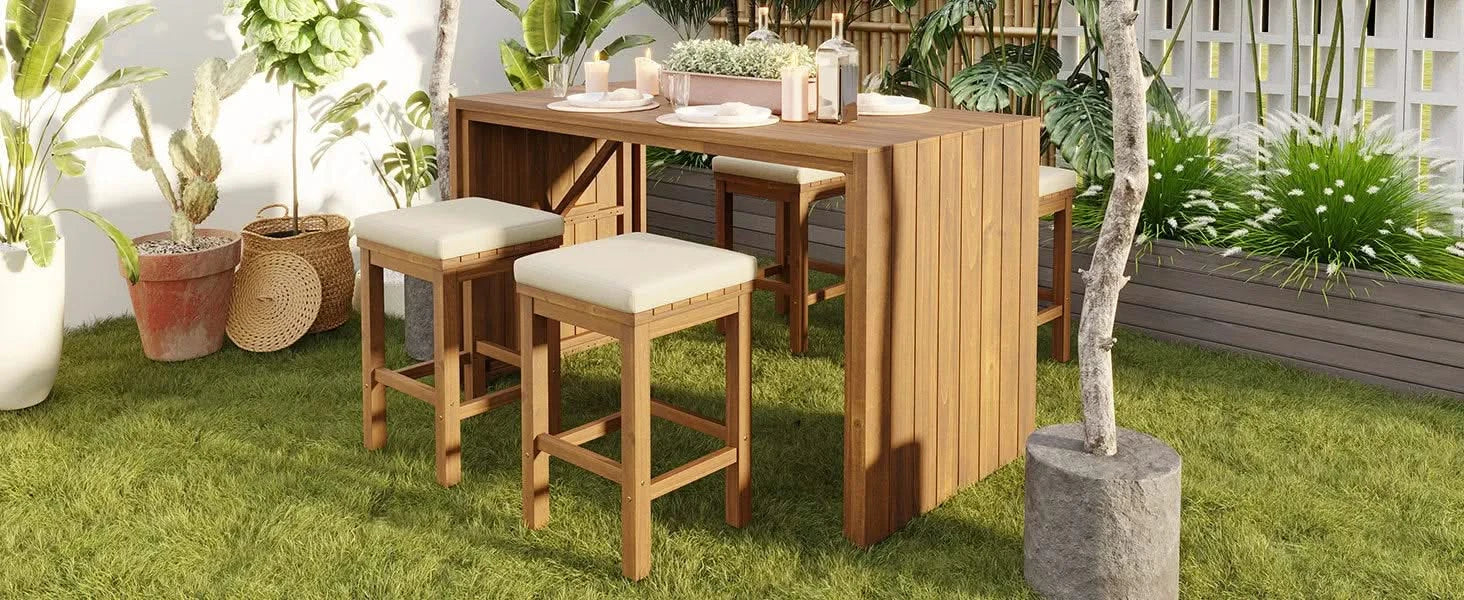 5 Piece Outdoor Bar Set, Patio Acacia Wood Bar Height Table & Four Stools with Cushions, Wood Dining Bar Set for Backyard, Poolside, Balcony, Beige Default -DTYStore