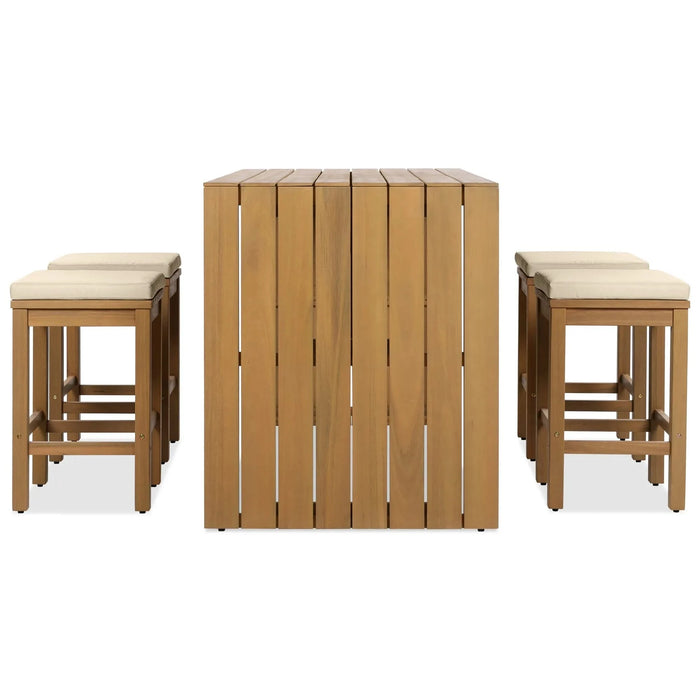 5 Piece Outdoor Bar Set, Patio Acacia Wood Bar Height Table & Four Stools with Cushions, Wood Dining Bar Set for Backyard, Poolside, Balcony, Beige Default -DTYStore