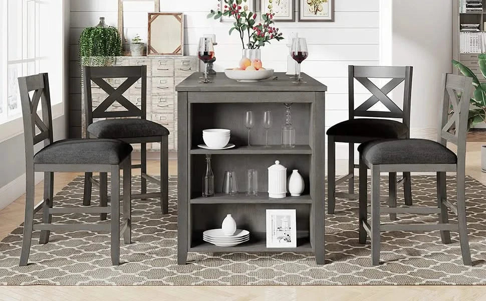 5 Pieces Counter Height Rustic Farmhouse Dining Room Wooden Bar Table Set with 4 Chairs, Gray Default -DTYStore