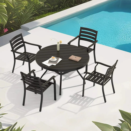 5 Pieces Outdoor Patio Dining Set, 4 Stackable Metal Dining Chairs and 40.6' Round Metal Dining Table, Outdoor Table and Chairs for Lawn Garden Backyard Deck Default -DTYStore