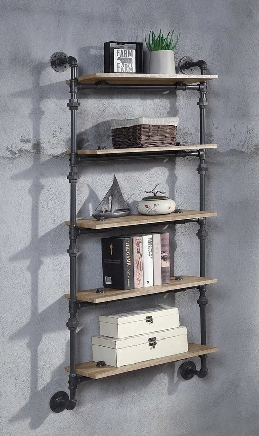 5 Tier Wall Shelf with Metal Tube, Oak and Sandy Black Default -DTYStore