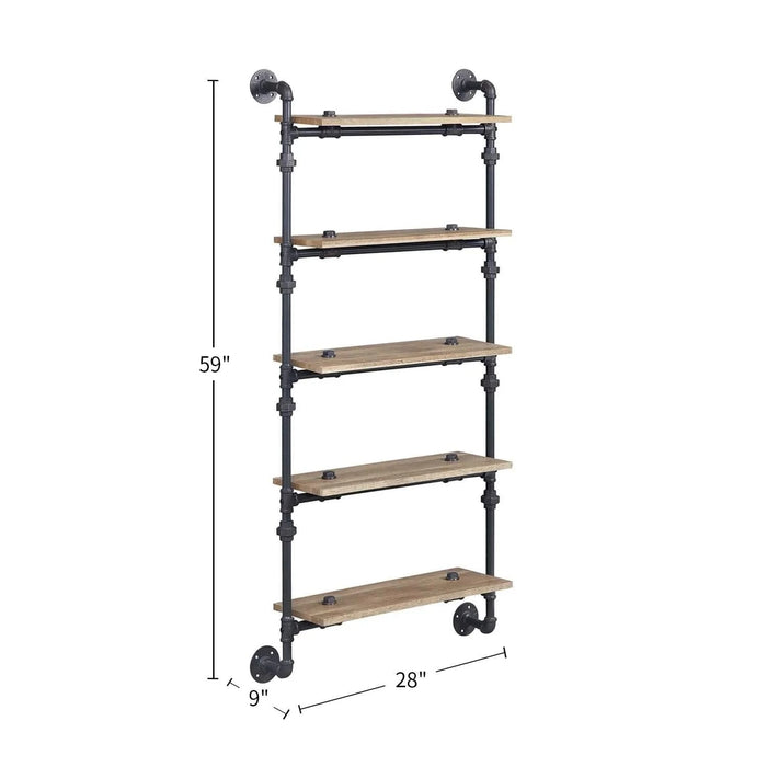 5 Tier Wall Shelf with Metal Tube, Oak and Sandy Black Default -DTYStore