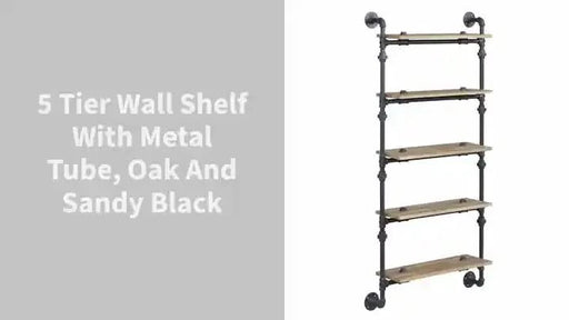 5 Tier Wall Shelf with Metal Tube, Oak and Sandy Black -DTYStore