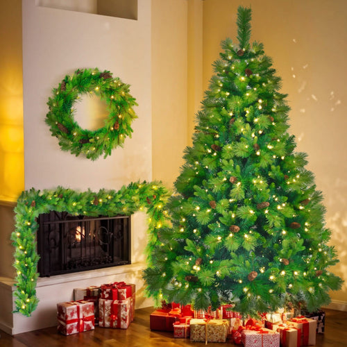 6FT Grass Green Christmas Tree, Large Branches Pine Tree, Pre-Lit Set with Tree & Garland & Wreath, Artificial Christmas with Pine Cones, Hinged Xmas Tree , for Holiday Party Ofiice Home - Image 3