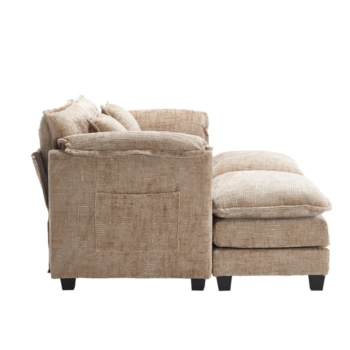 UNITED WE WIN Chenille fabric, solid construction, the overall structure of the sofa is stable, detachable armrests, two foot stools and two-seat sofa with side pockets