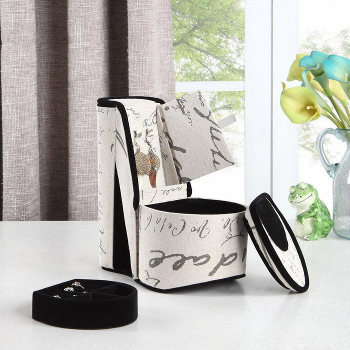 9" Tall Display Jewelry Box with Hidden Storage, High Heel Shoe Design, Stencil Letter Print - DTYStore