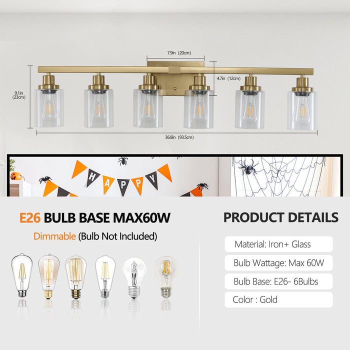 Golden 6-Light Vanity Light with Clear Glass Shades, Modern Iron Metal Bathroom Wall Fixture for Mirror, Ideal for Bathroom and Dressing Table (No Bulbs) - DTYStore
