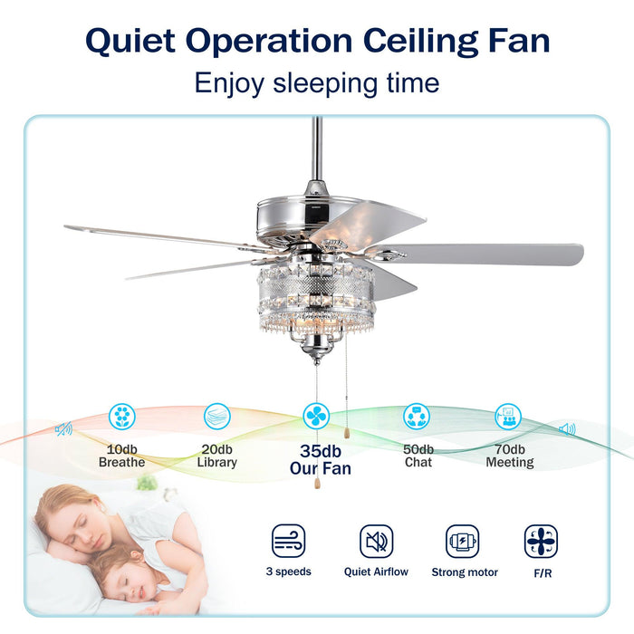 52'' Classical Crystal Ceiling Fan Lamp 5 Reversible Blades for Living Room, Dining Room, Bedroom, Family Room, Chrome (Hand Pull Chain) - DTYStore