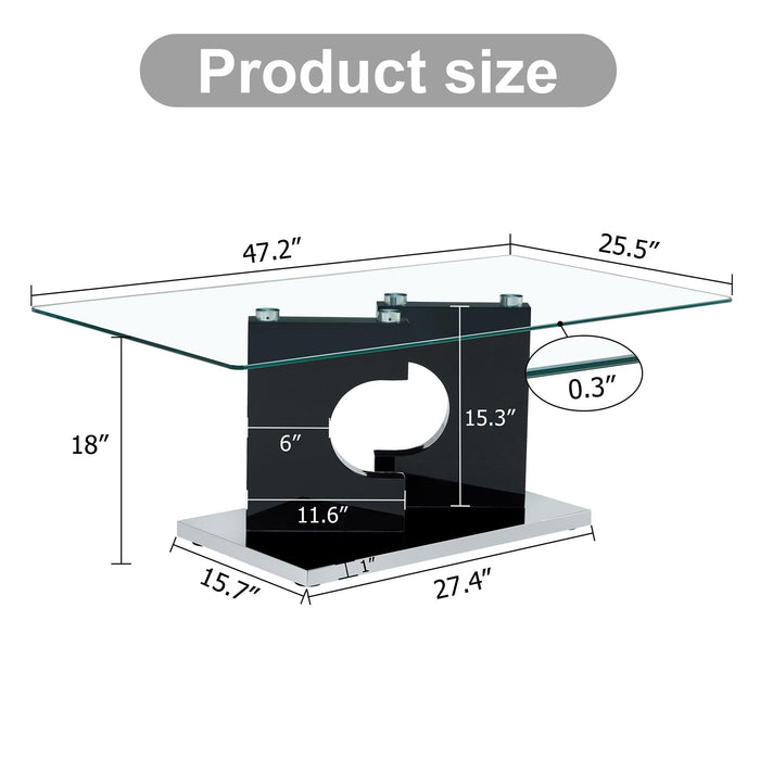 A rectangular modern and fashionable coffee table with tempered glass tabletop and black MDF legs. Suitable for living room.47.2"*25.5"*18"