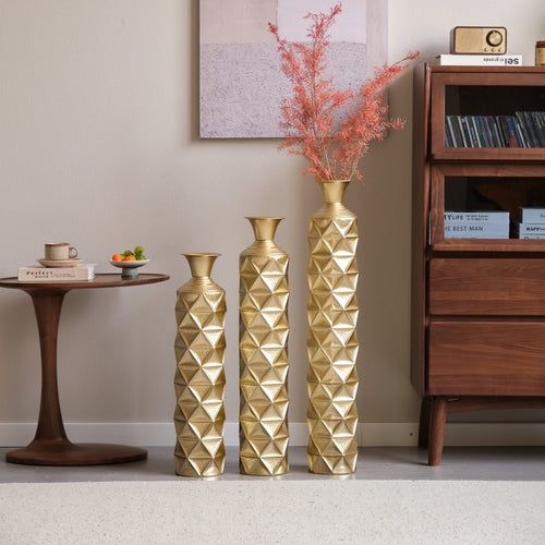 Metal Decorative Vase High Distress Metal Center Vase With 3D Triangle Pattern, Set Of 3 Vases for Home Decoration 33.5', 29.5', 25.2'High, Gold - Image 17
