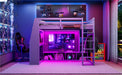 Wood Full Size Gaming Loft Bed with Desk, Multi-storage Shelves, LED and a Hanging Clothes Rack, Gray - DTYStore
