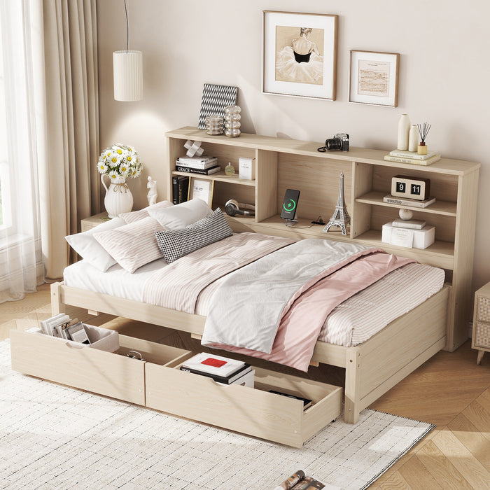 Twin Size Bed Frame With Side Bookshelves, Two Drawers, And Built-in USB Port For Natural Color - DTYStore