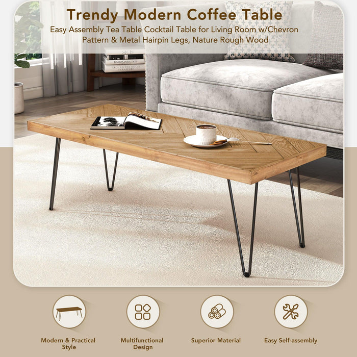 Modern Coffee Table, Easy Assembly Tea Table, Cocktail Table with w/Chevron Pattern & Metal Hairpin Legs for Living Room, Ash Wood Finished - DTYStore