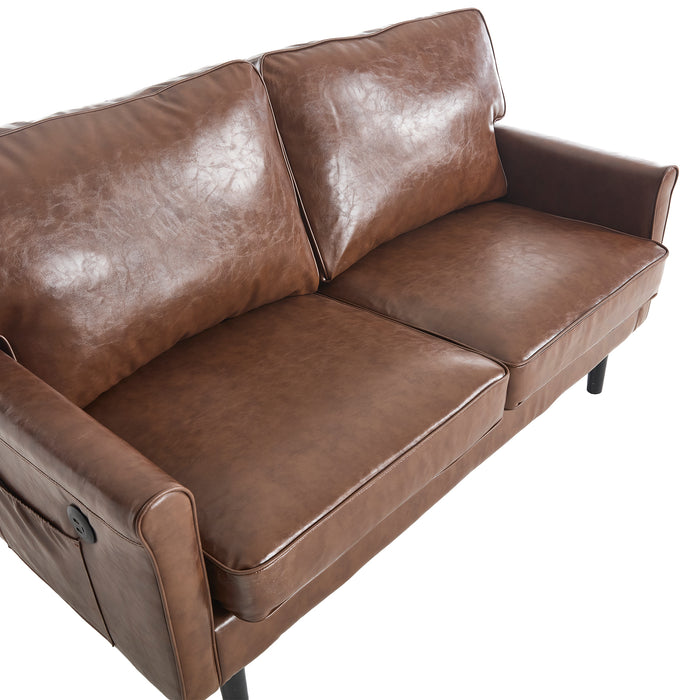 COOLMORE Loveseat Sofa, Mid Century Modern Love Seat, 2 Seater Sofa Couches for Living Room, Small Couch with USB & Removable Pillow Cover, Comfy Couch for Bedroom, Apartment (Brown PU)