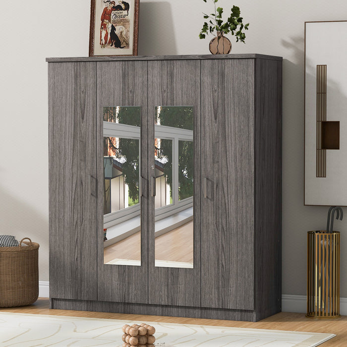 4-Door Mirror Wardrobe with shelves, Gray