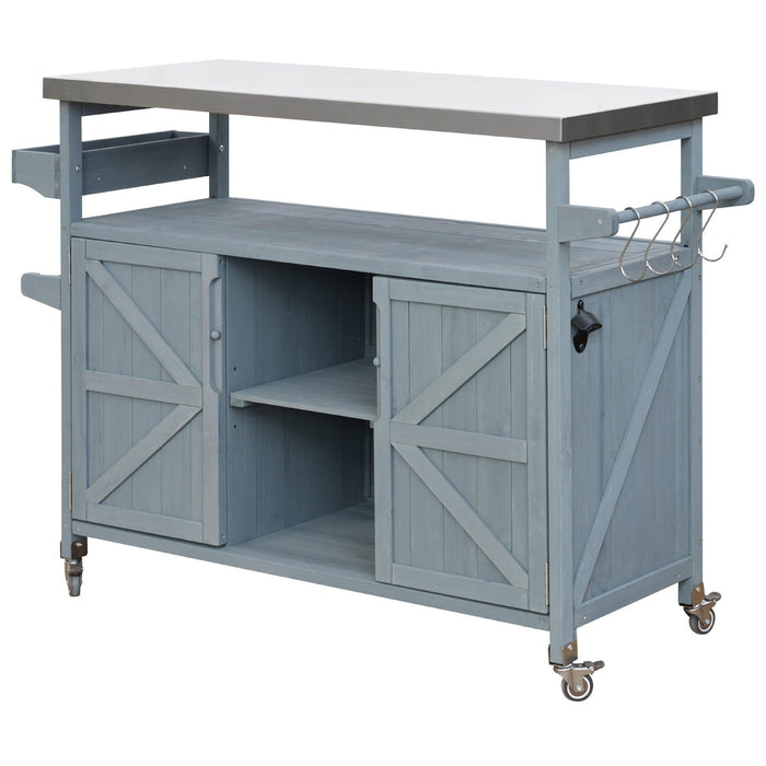Outdoor Kitchen Island, Rolling Bar Cart & Storage Cabinet, Farmhouse Solid Wood Outdoor Grill Table with Stainless Steel Top, Spice Rack , Towel Rack for Kitchen & BBQ , Grey Blue - DTYStore
