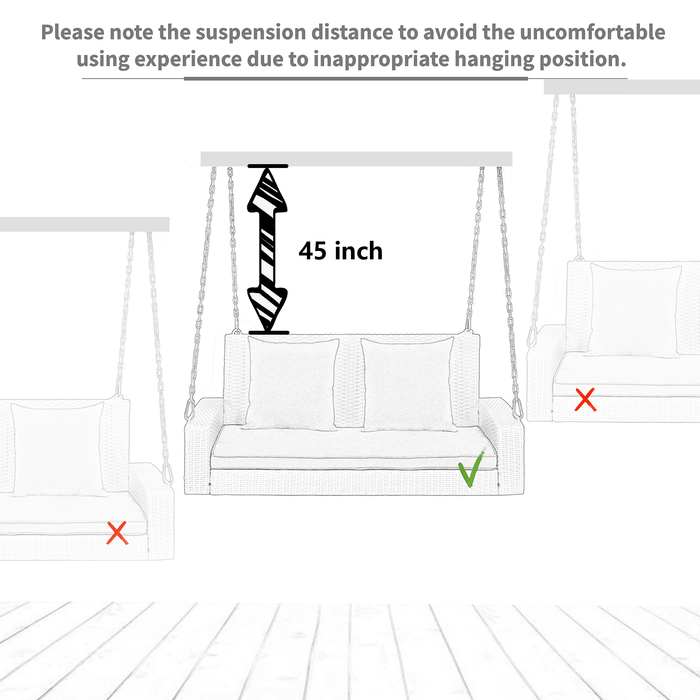 GO 2-Person Wicker Hanging Porch Swing with Chains, Cushion, Pillow, Rattan Swing Bench for Garden, Backyard, Pond. (Gray Wicker, Blue Cushion) - DTYStore