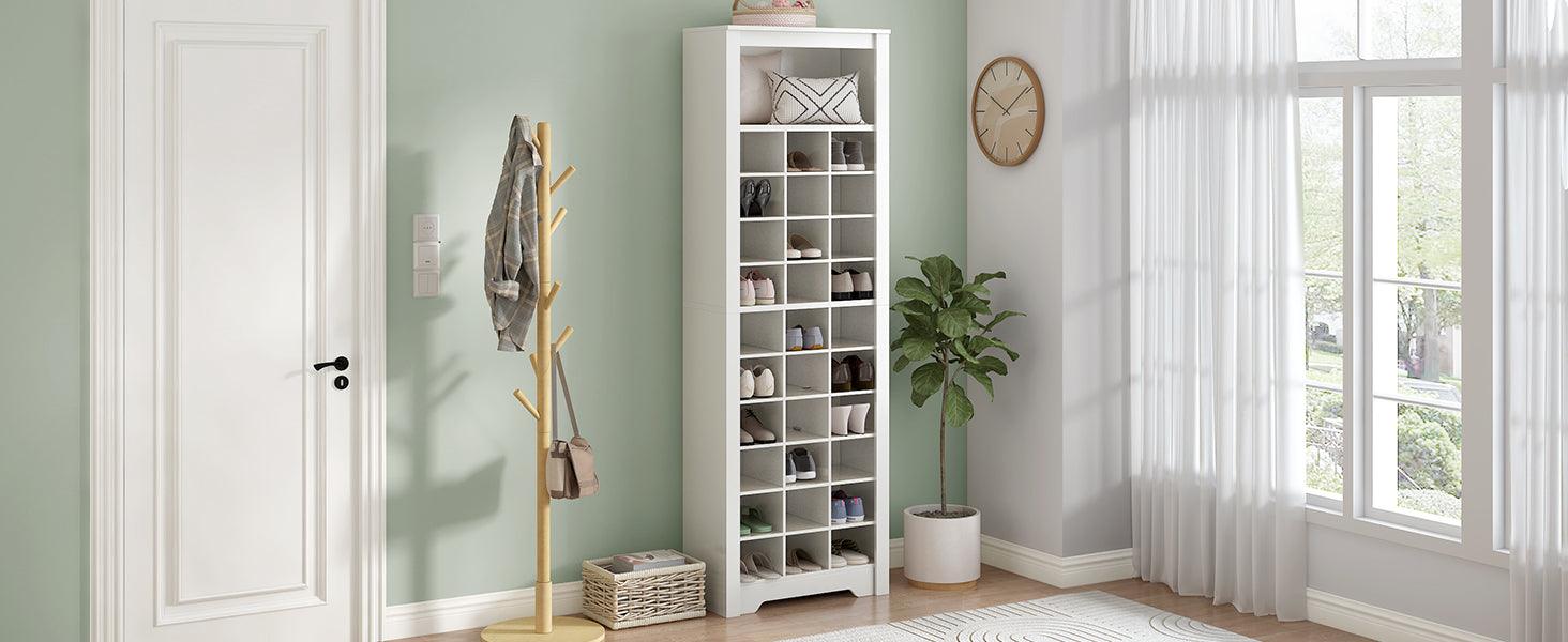 Stylish Design 30 Shoe Cubby Console, Contemporary Shoe Cabinet with Multiple Storage Capacity, Free Standing Tall Cabinet with Versatile Use for Hallway, Bedroom, White - DTYStore