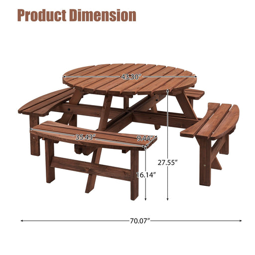 8 Person Wooden Picnic Table, Outdoor Camping Dining Table with Seat, Garden, DIY w/ 4 Built-in Benches, 2220lb Capacity - DTYStore