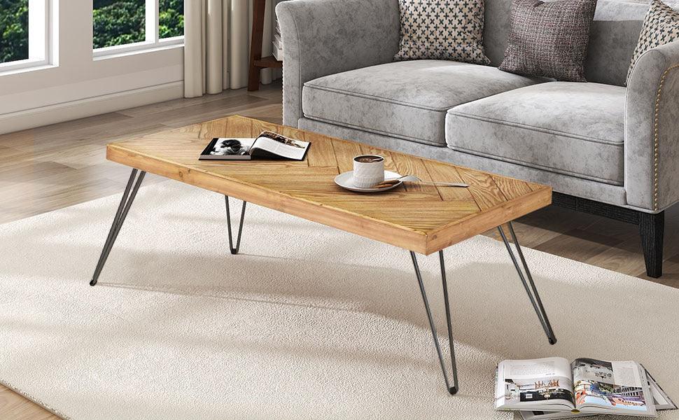 Modern Coffee Table, Easy Assembly Tea Table, Cocktail Table with w/Chevron Pattern & Metal Hairpin Legs for Living Room, Ash Wood Finished - DTYStore