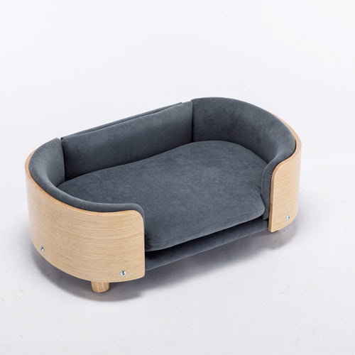 Scandinavian style Elevated Dog Bed Pet Sofa With Solid Wood legs and Bent Wood Back, Velvet Cushion,Mid Size,Dark Grey - Image 15