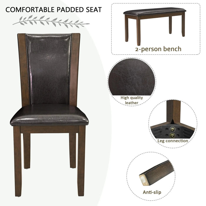 6-Piece Dining Table Set with Bench and Chairs, Wooden dining table set for 6 people, Farmhouse Rustic Style 6 Person Dining Table Set for Dining Room, Kitchen, Dark Walnut Default -DTYStore