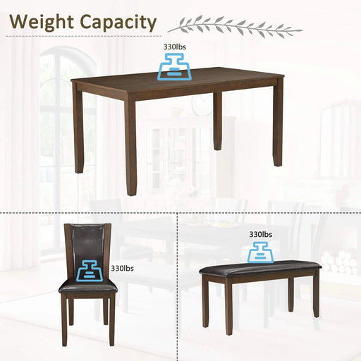 6-Piece Dining Table Set with Bench and Chairs, Wooden dining table set for 6 people, Farmhouse Rustic Style 6 Person Dining Table Set for Dining Room, Kitchen, Dark Walnut Default -DTYStore