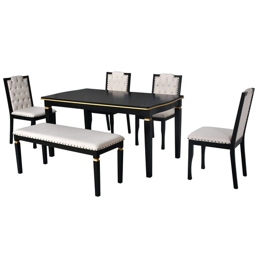 6-Piece Kitchen Dining Table Set, 60' Rectangular Table and 4 High-Back Tufted Chairs & 1 Bench for Dining Room and Kitchen (Black) Default -DTYStore