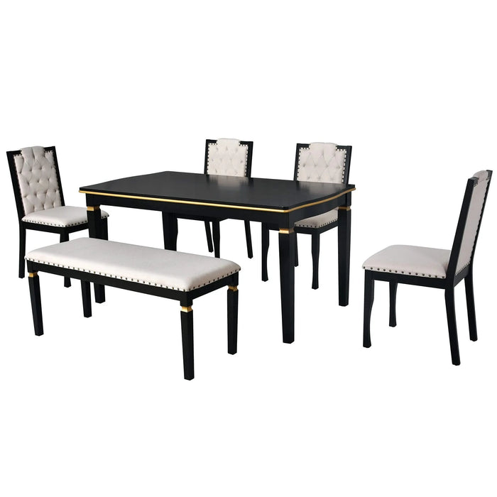 6-Piece Kitchen Dining Table Set, 60' Rectangular Table and 4 High-Back Tufted Chairs & 1 Bench for Dining Room and Kitchen (Black) Default -DTYStore