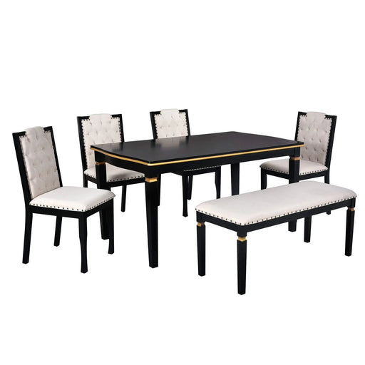 6-Piece Kitchen Dining Table Set, 60' Rectangular Table and 4 High-Back Tufted Chairs & 1 Bench for Dining Room and Kitchen (Black) Default -DTYStore
