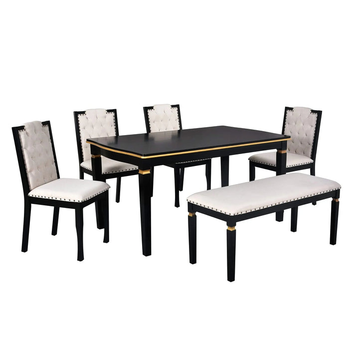 6-Piece Kitchen Dining Table Set, 60' Rectangular Table and 4 High-Back Tufted Chairs & 1 Bench for Dining Room and Kitchen (Black) Default -DTYStore