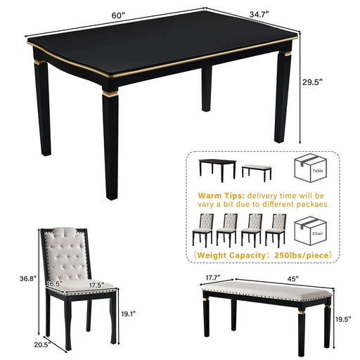 6-Piece Kitchen Dining Table Set, 60' Rectangular Table and 4 High-Back Tufted Chairs & 1 Bench for Dining Room and Kitchen (Black) Default -DTYStore