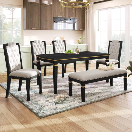 6-Piece Kitchen Dining Table Set, 60' Rectangular Table and 4 High-Back Tufted Chairs & 1 Bench for Dining Room and Kitchen (Black) Default -DTYStore