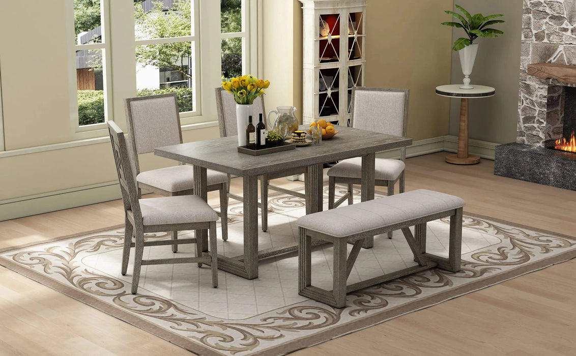 6-Piece Retro Dining Table Set for 6, 60' Wood Kitchen Table and Chairs Set of 4 with Bench Designed Trestle Base for kitchen & Dining Room (Gray) Default -DTYStore