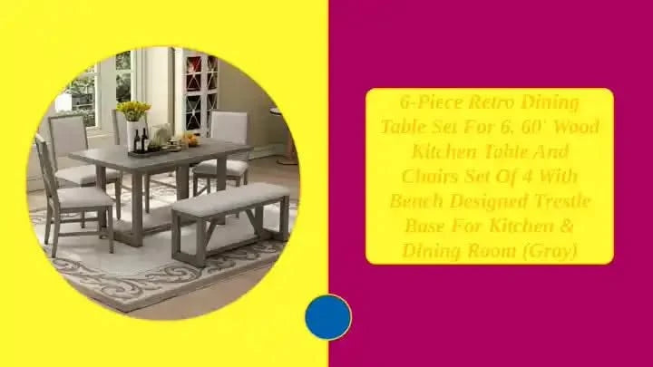 6-Piece Retro Dining Table Set for 6, 60' Wood Kitchen Table and Chairs Set of 4 with Bench Designed Trestle Base for kitchen & Dining Room (Gray) Default -DTYStore