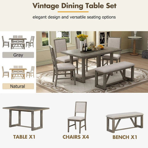6-Piece Retro Dining Table Set for 6, 60' Wood Kitchen Table and Chairs Set of 4 with Bench Designed Trestle Base for kitchen & Dining Room (Gray) Default -DTYStore