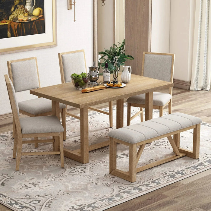 6-Piece Retro Dining Table Set for 6, 60' Wood Kitchen Table and Chairs Set of 4 with Bench Designed Trestle Base for kitchen & Dining Room (Natural) Default -DTYStore