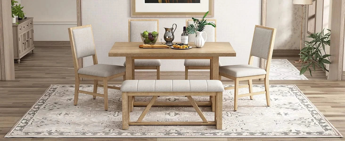 6-Piece Retro Dining Table Set for 6, 60' Wood Kitchen Table and Chairs Set of 4 with Bench Designed Trestle Base for kitchen & Dining Room (Natural) Default -DTYStore