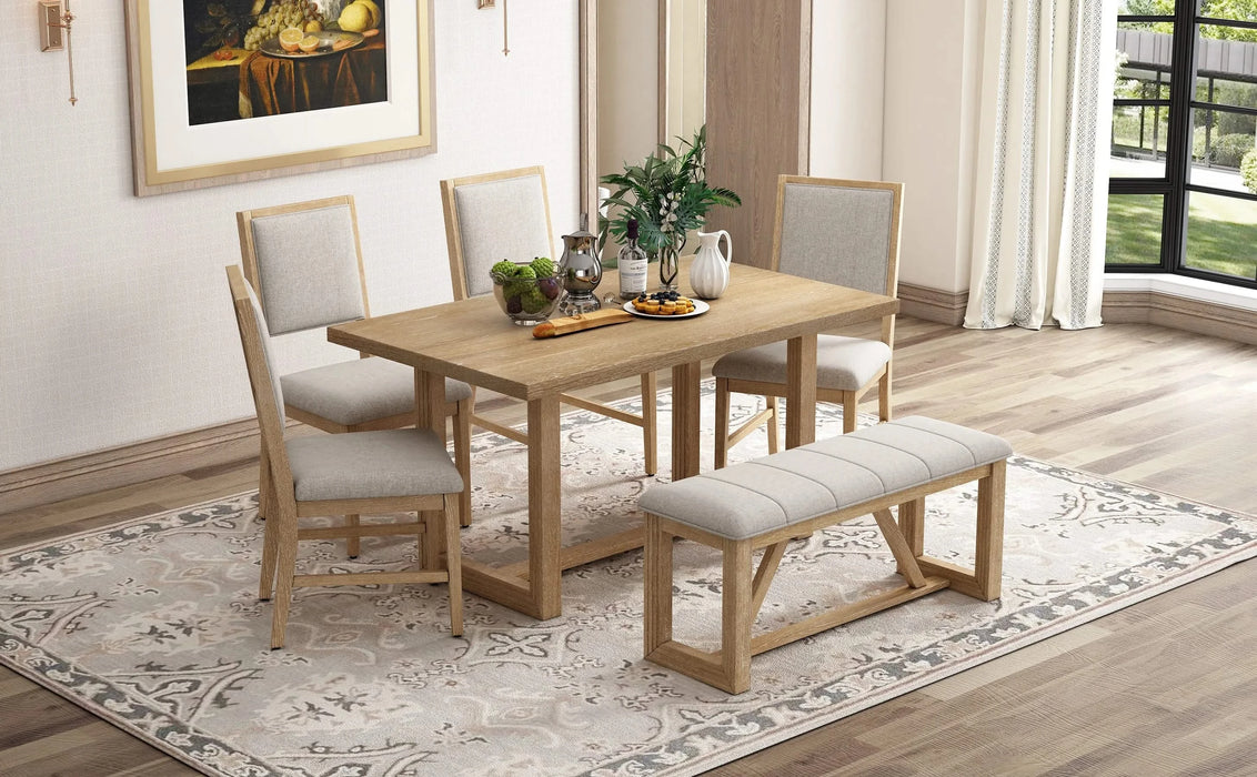 6-Piece Retro Dining Table Set for 6, 60' Wood Kitchen Table and Chairs Set of 4 with Bench Designed Trestle Base for kitchen & Dining Room (Natural) Default -DTYStore
