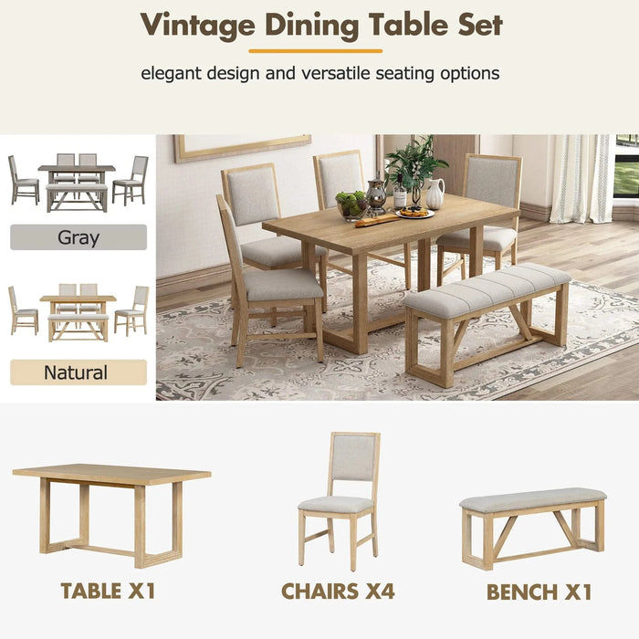 6-Piece Retro Dining Table Set for 6, 60' Wood Kitchen Table and Chairs Set of 4 with Bench Designed Trestle Base for kitchen & Dining Room (Natural) Default -DTYStore