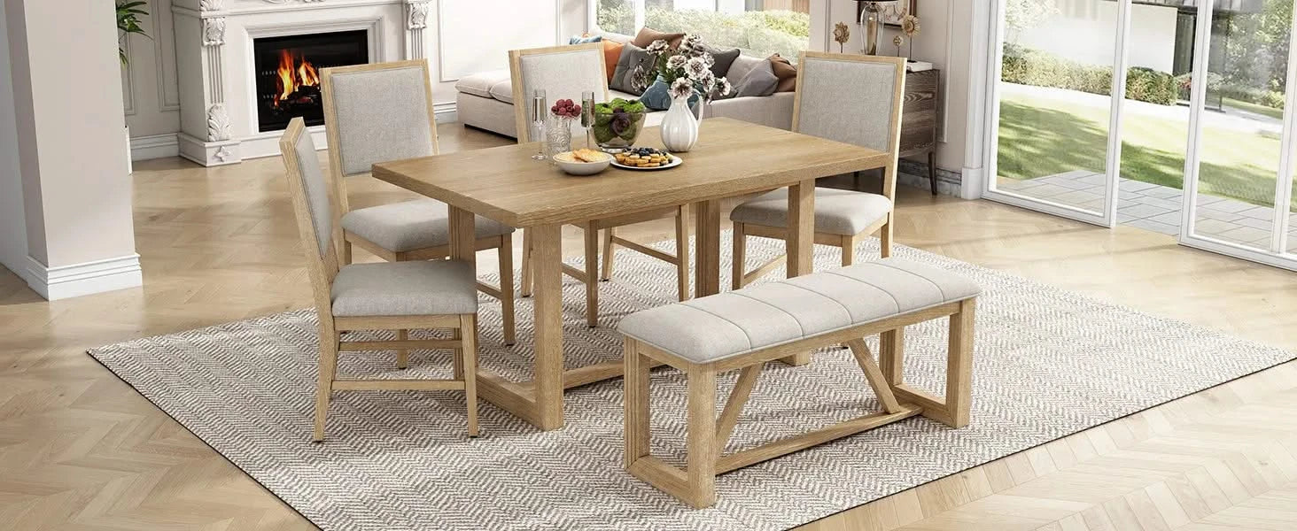 6-Piece Retro Dining Table Set for 6, 60' Wood Kitchen Table and Chairs Set of 4 with Bench Designed Trestle Base for kitchen & Dining Room (Natural) Default -DTYStore